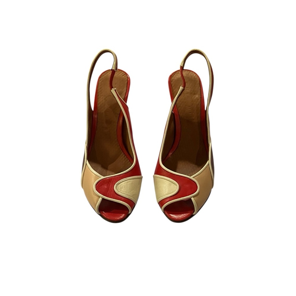 Chie Mihara Red, Brown, and Cream Leather Peep-Toe Slingback Heels